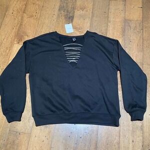 Forever 21 black rhinestone cutout v neck sweatshirt Size L